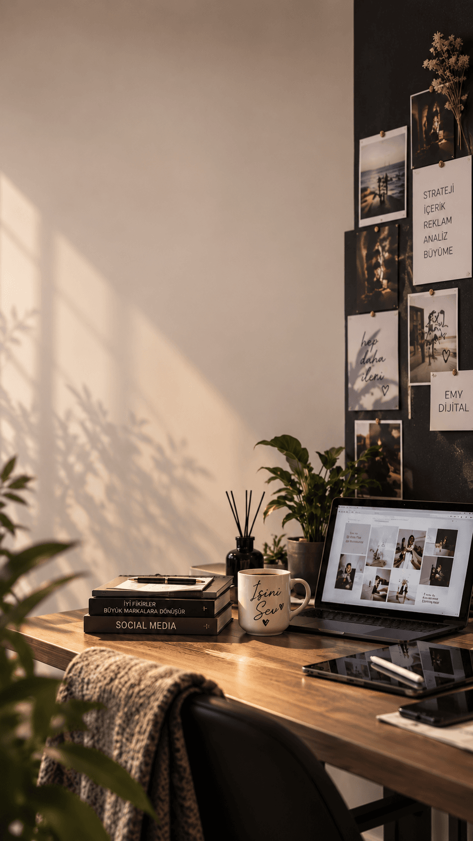 Güneş ışığı vuran ahşap çalışma masası; laptop, kitaplar, kahve fincanı ve EMY Dijital marka moodboard duvarının dikey kadrajı